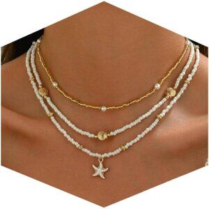 Shell Starfish Necklace for Women, 14k Gold Plated Boho Layered Beaded Charm Pen